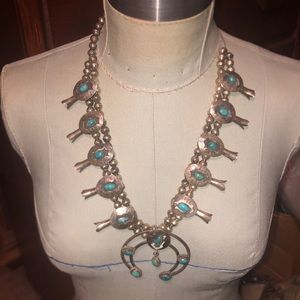 Vintage squash blossom sterling silver and turquoise necklace, AS IS SEE PHOTOS